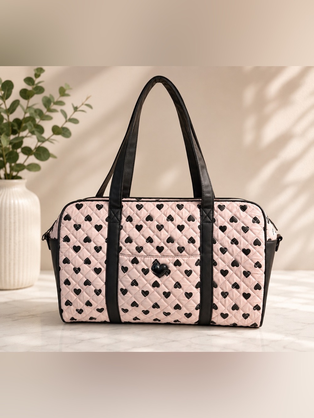 Luv Betsey Pink Quilted Heart Travel Tote with Black Trim